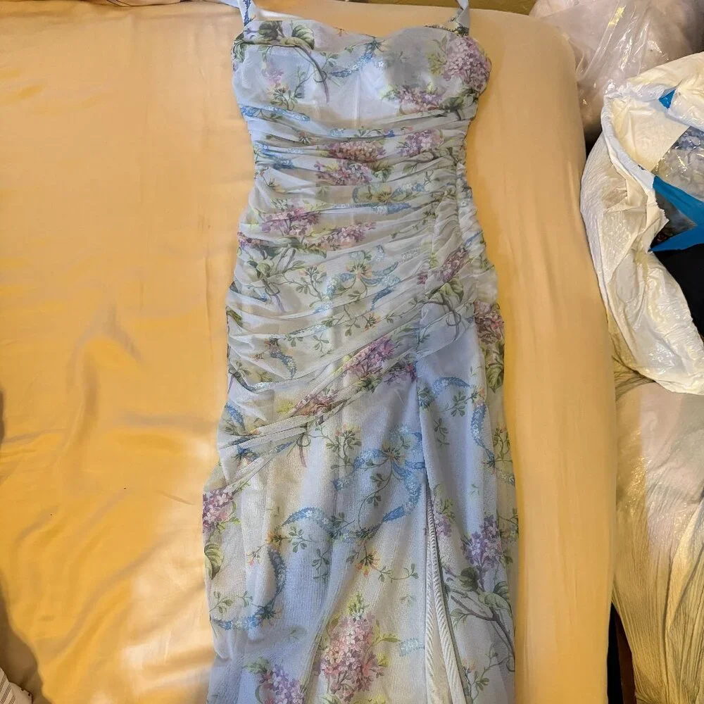 House of CB Lini Blue Chiffon Floral and Bow Bodycon Corset Maxi Dress - Picture 3 of 5